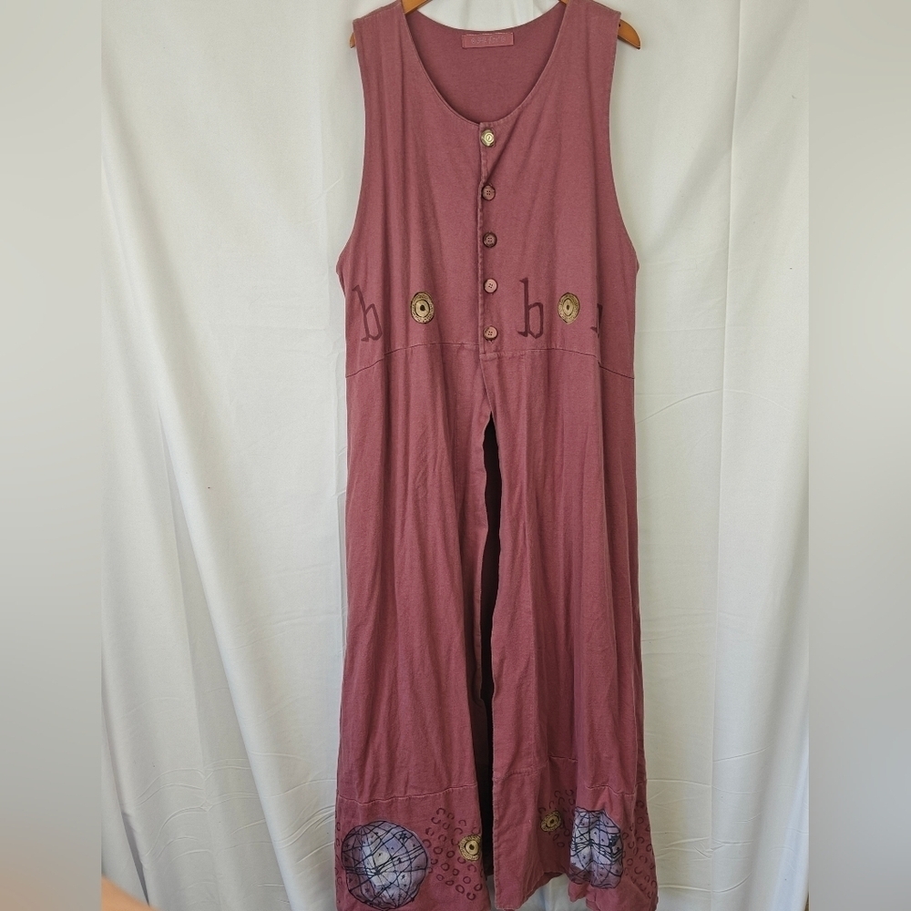 VTG Blue Fish Sleeveless Jumper Long Button Vest Hand Painted Cotton Size XL